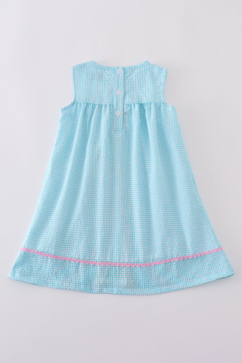 Premium Mint Bunny Egg Embroidery Gingham Dress