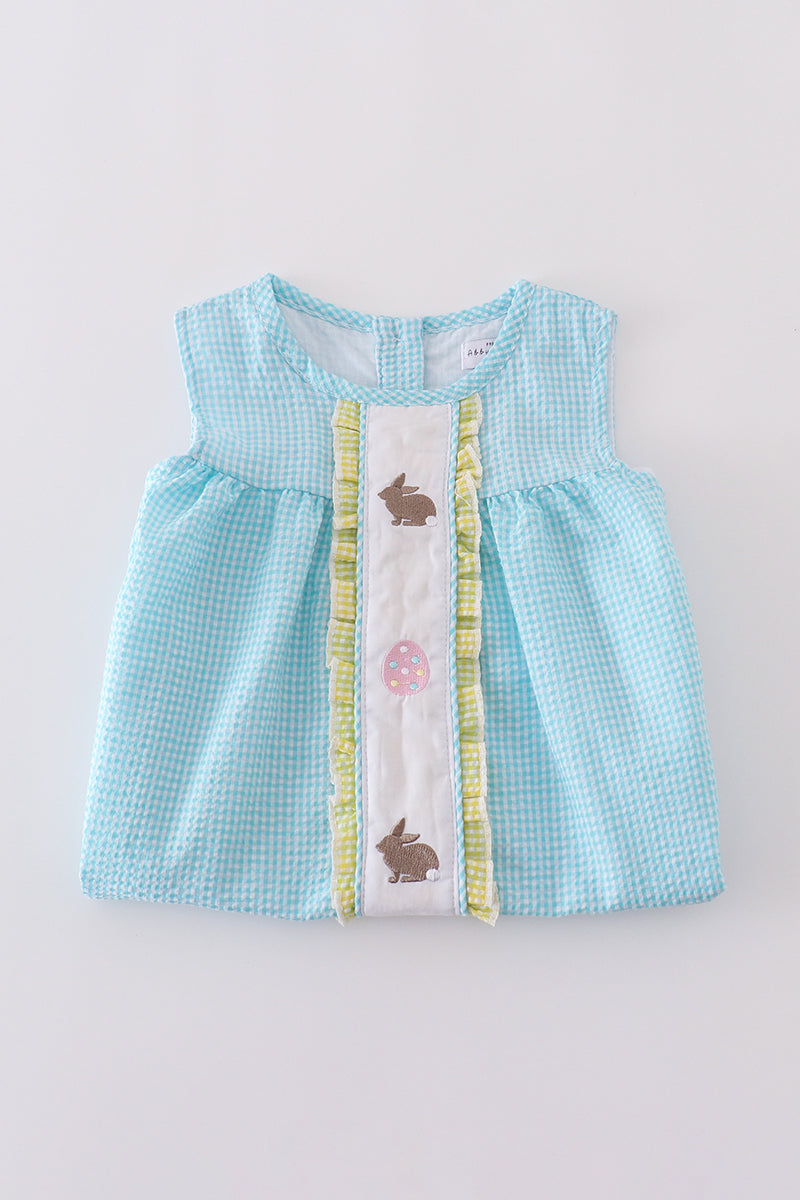 Premium Mint Bunny Egg Embroidery Gingham Dress