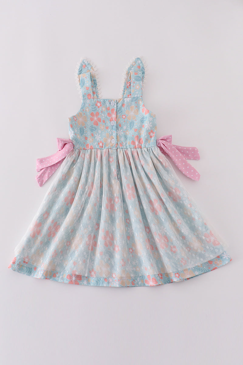 Premium Green Bunny Bow Floral Dress