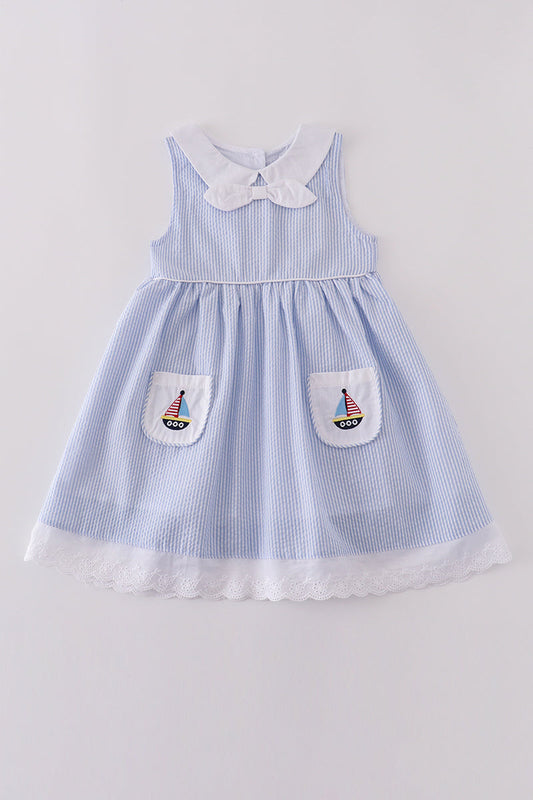 Premium Blue Sailboat Embroidery Dress