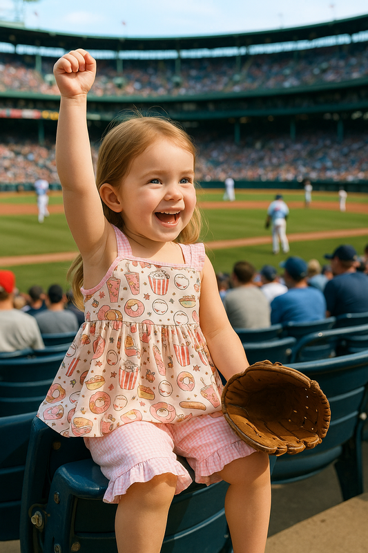 Pink Baseball Print Gingham Ruffle Shorts Set