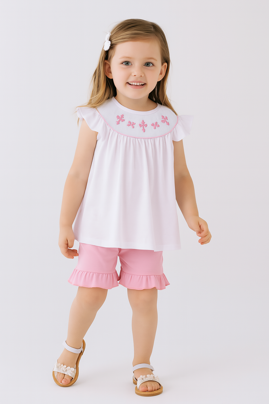Pink Cross Embroider Smocked Set