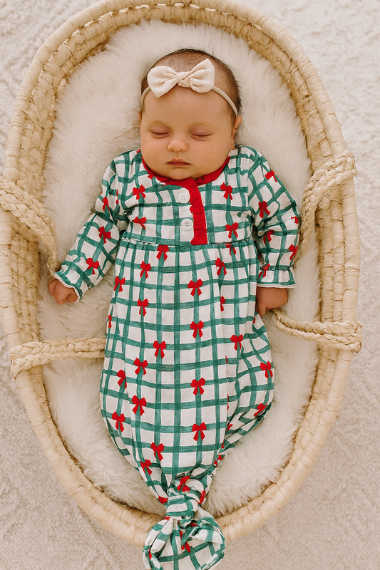 Green Bow Plaid Ruffle Gown