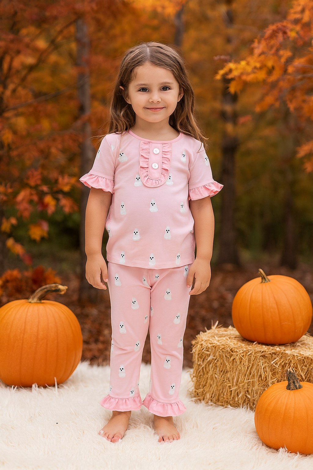 Pink Ghost Embroidery Ruffle Pajamas Set