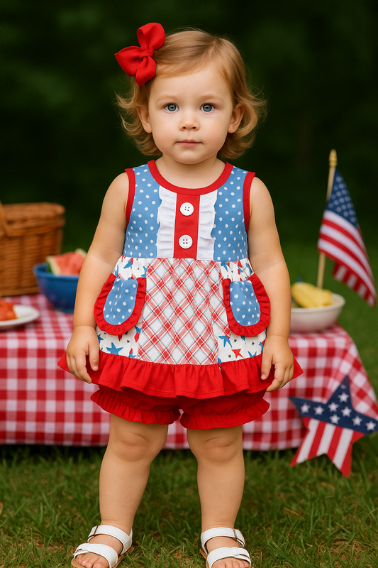 Blue Bow Print Ruffle Bloomer Set
