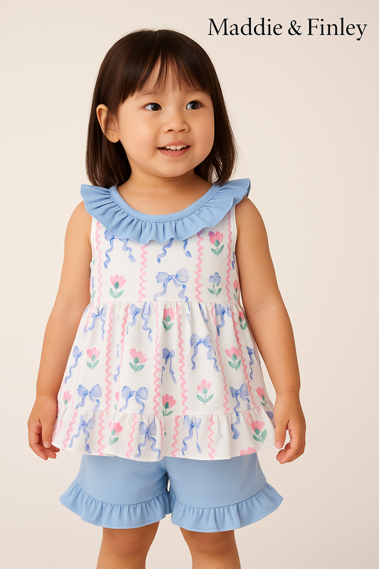 Blue Floral Bow Ruffle Shorts Set