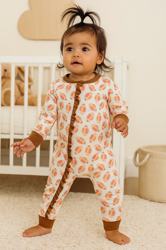 Brown Football Game Day Embroidery Girl Romper