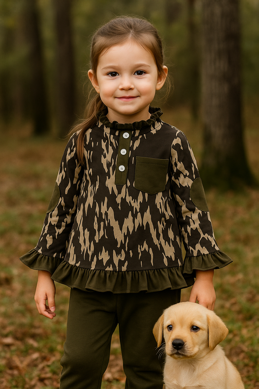 Camouflage Print Ruffle Pants Set