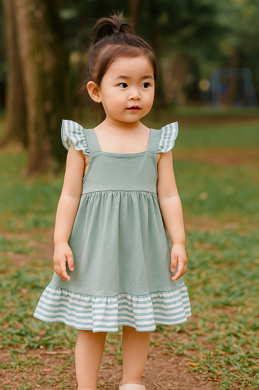 Sage Stripe Flutter Trim Ruffle Dress