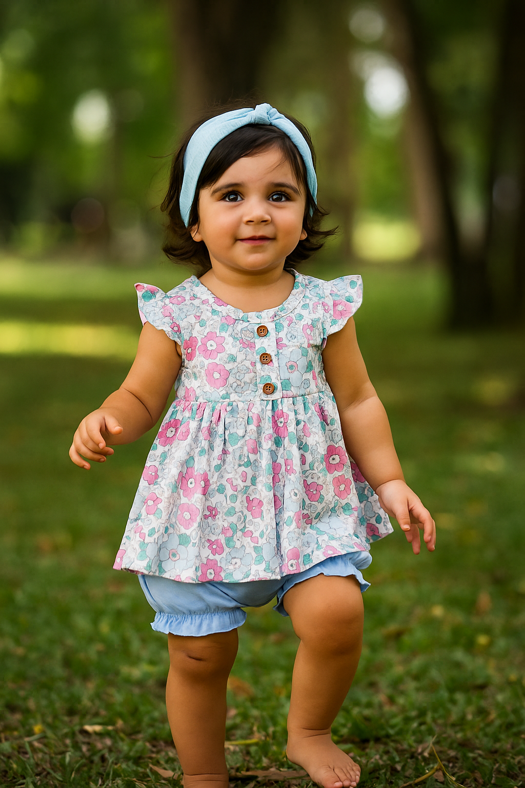 Blue & Pink Floral Print Bloomer Set