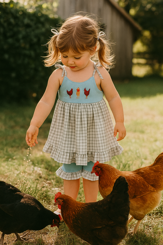 Blue Farm Chicken Embroidery Short Set