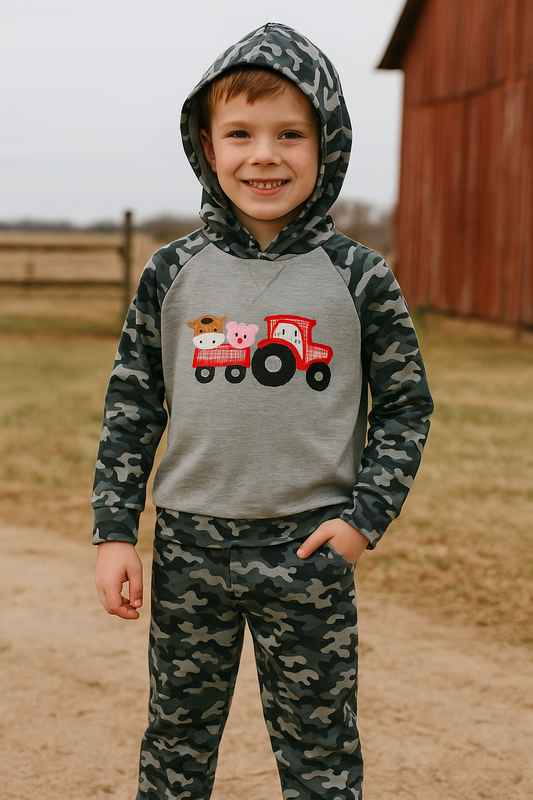 Camouflage Farm Tractor Applique Pants Set