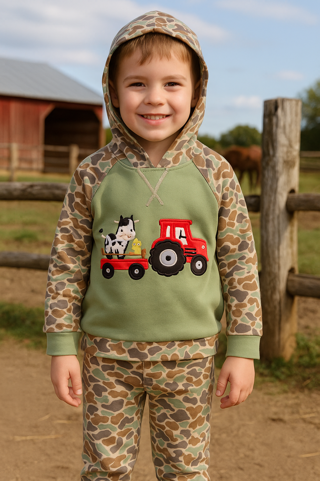 Green Camouflage Cow Tractor Applique Pants Set