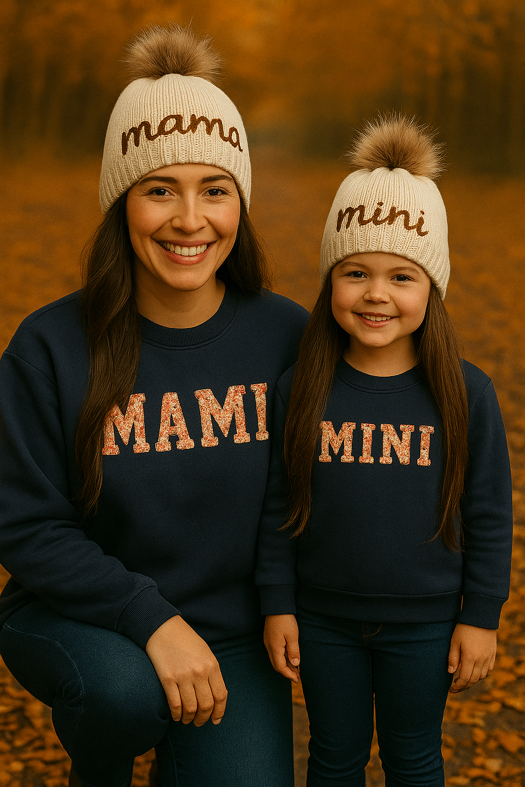 Hand Embroidered Pom Pom Beanie Hat Mommy&Me