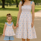 Blue Floral Bow Print Smocked Mom Dress