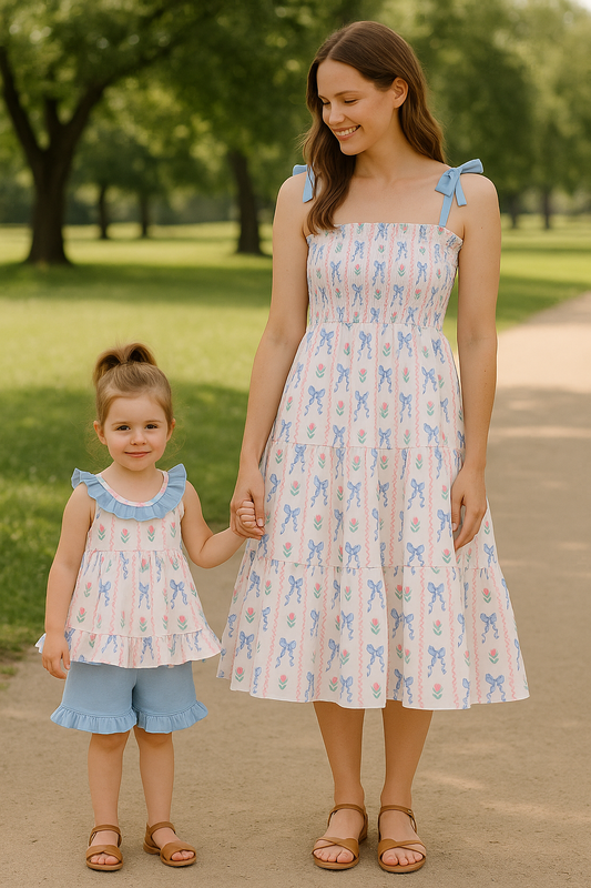 Blue Floral Bow Print Smocked Mom Dress