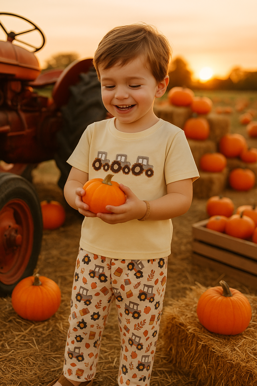Yellow Tractor French Knot Pants Set