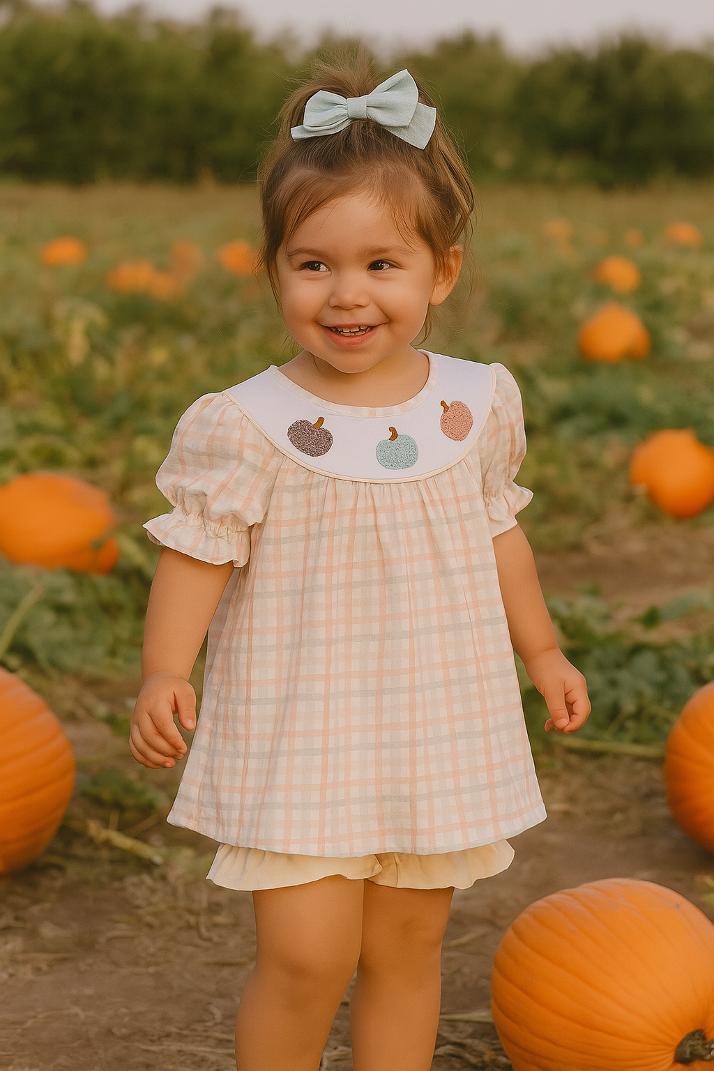 Neutral Plaid French Knot Ruffle Shorts Set