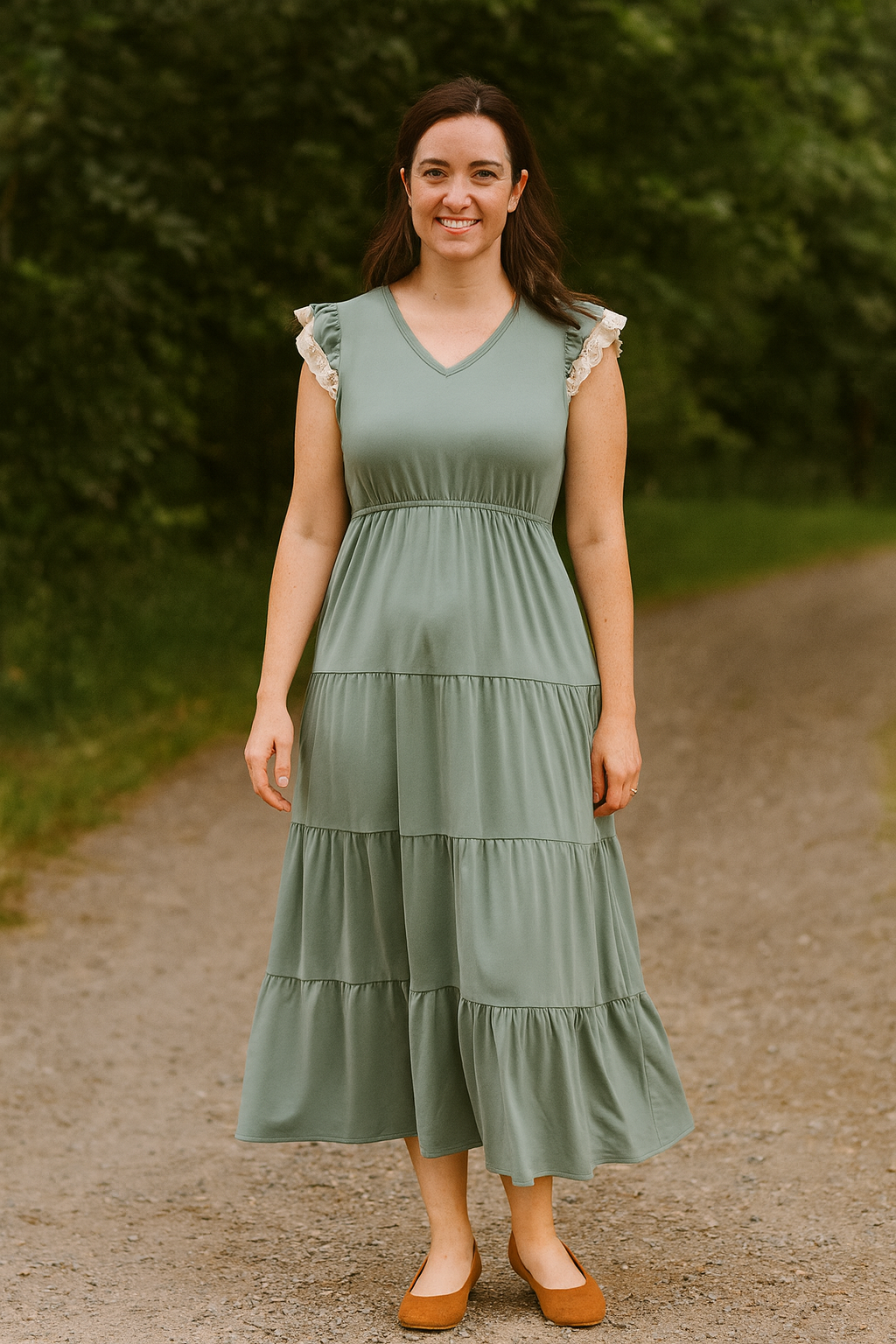 Sage Lace Ruffle Mom Dress