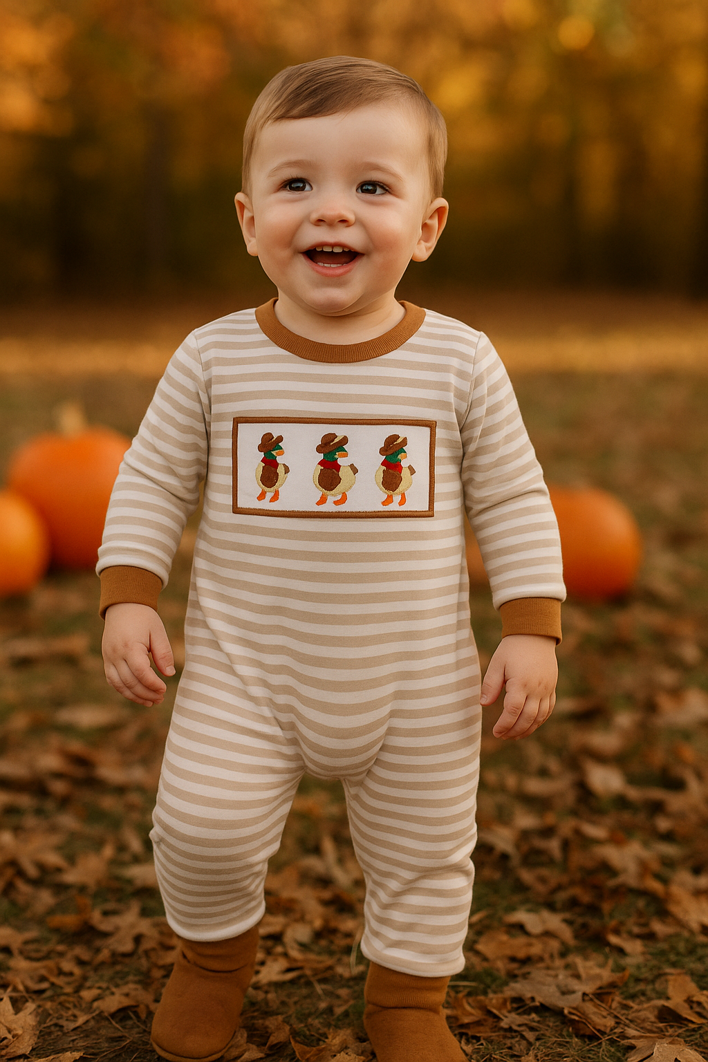 Brown Stripe Duck Embroidery Romper
