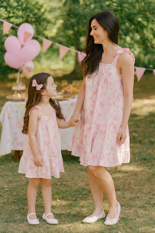 Pink Bow Print Ruffle Mom & Me Dress