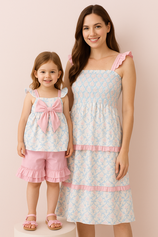 Blue Bow Tie Print Smocked Mom Dress