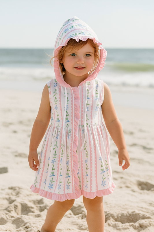Pink Floral Print Girl Ruffle Hoodie Dress