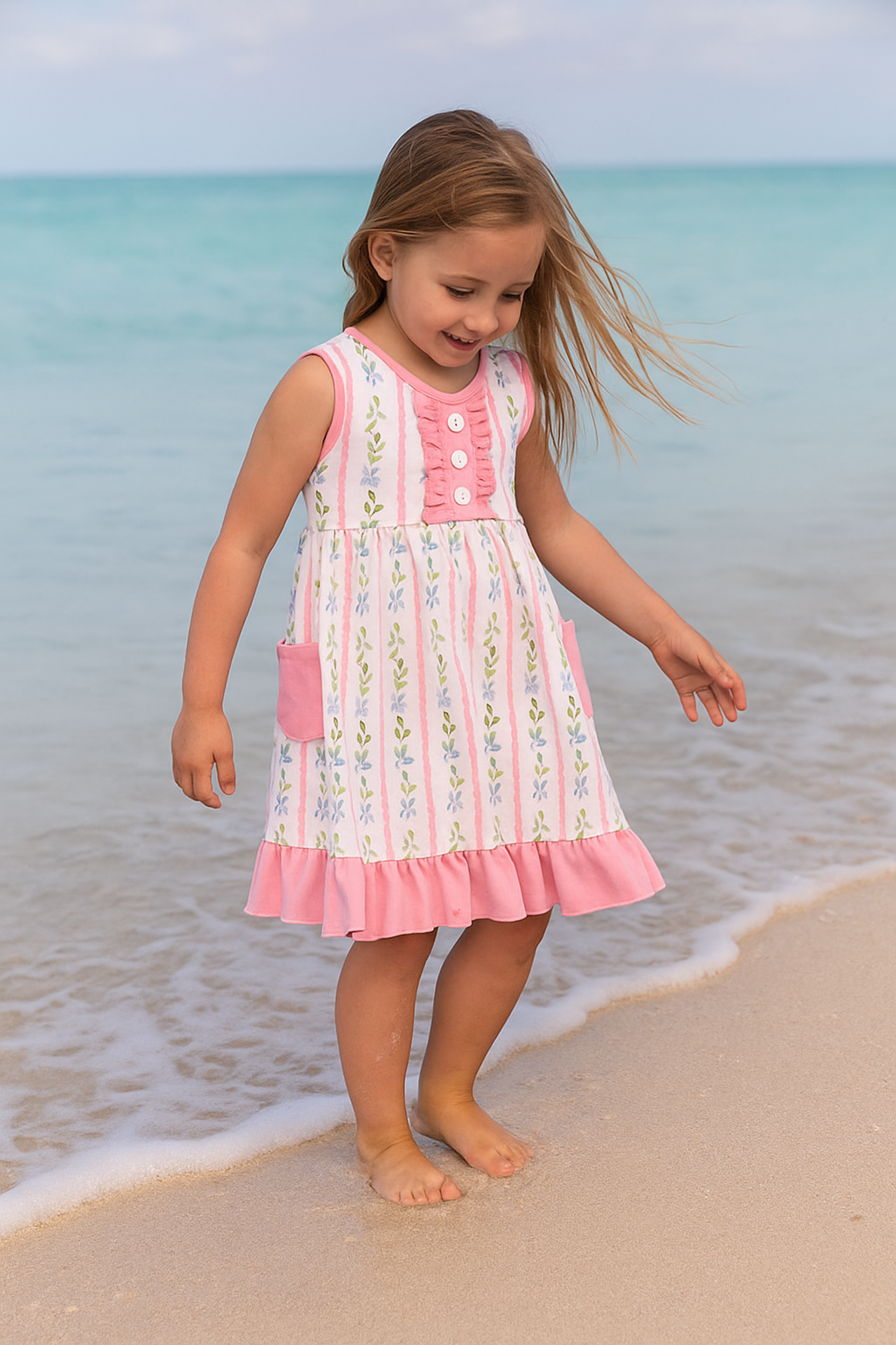 Pink Floral Print Girl Ruffle Dress