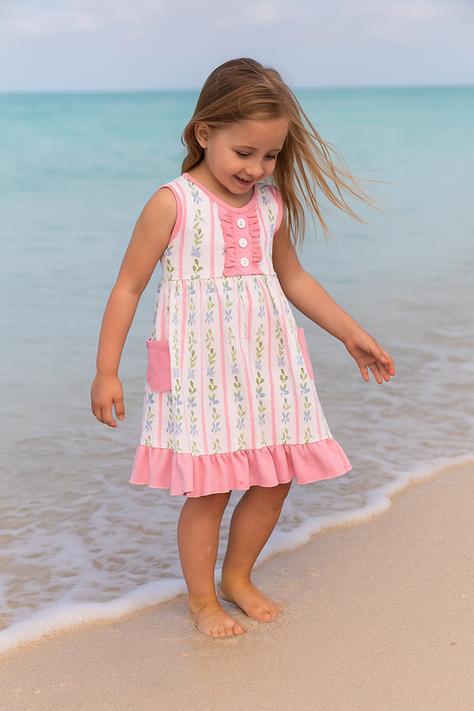 Pink Floral Print Girl Ruffle Dress