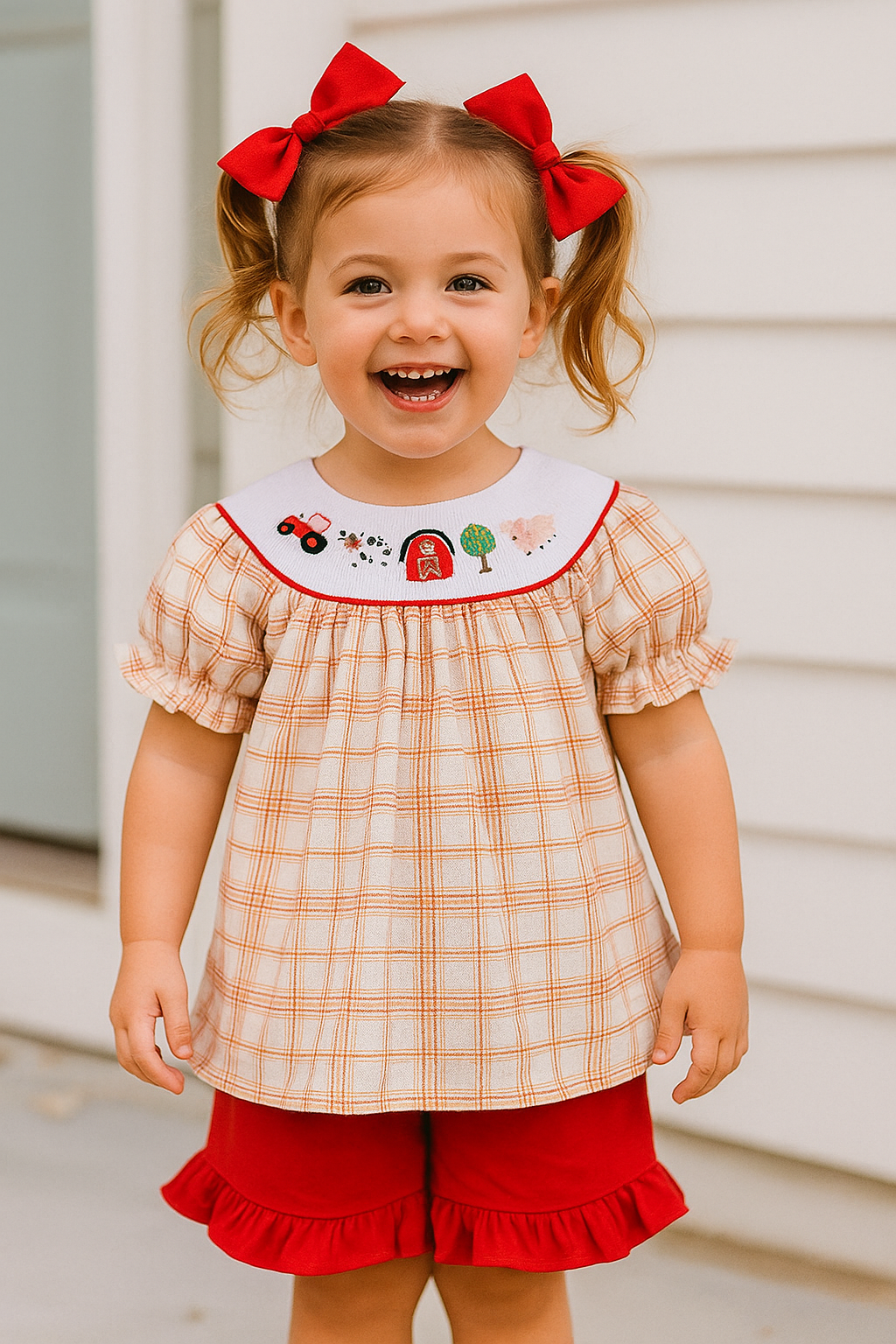 Khaki Farm Embroidery Smocked Plaid Set