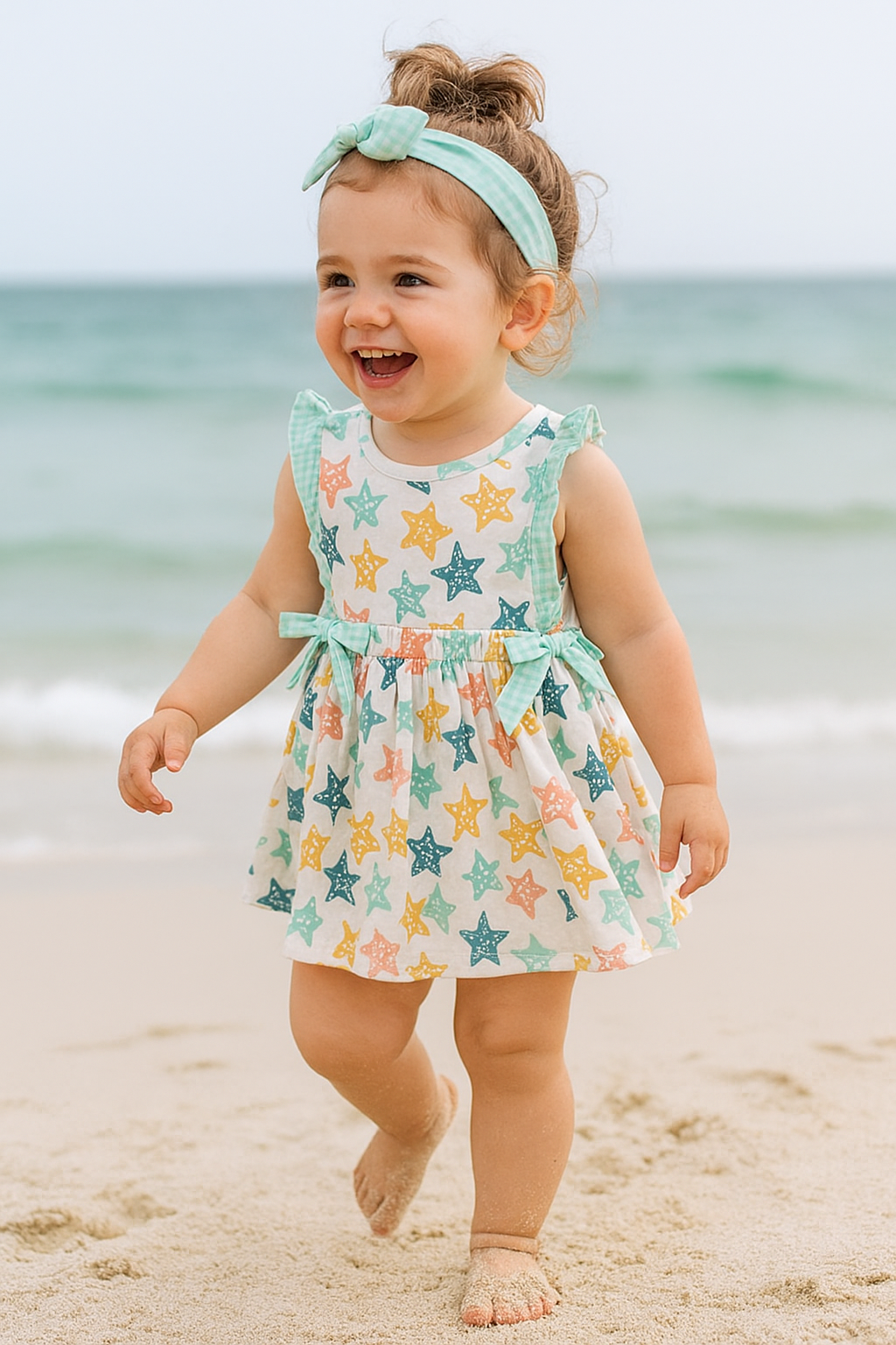 Blue Seashell Bow Ruffle Dress