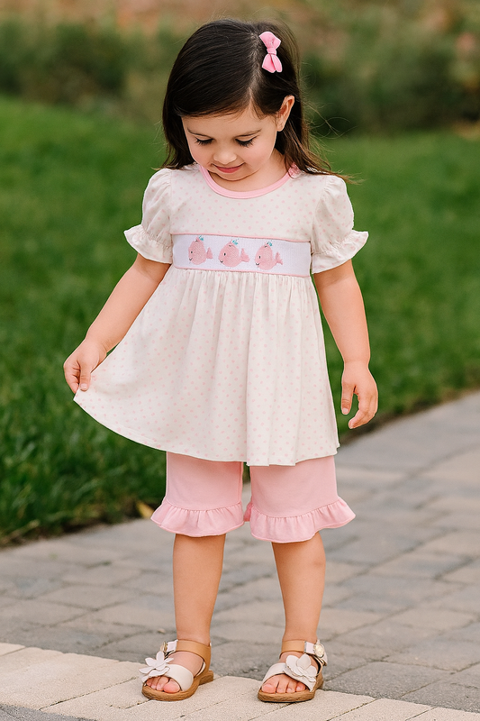 Pink Whale Embroidery Smocked Ruffle Shorts Set