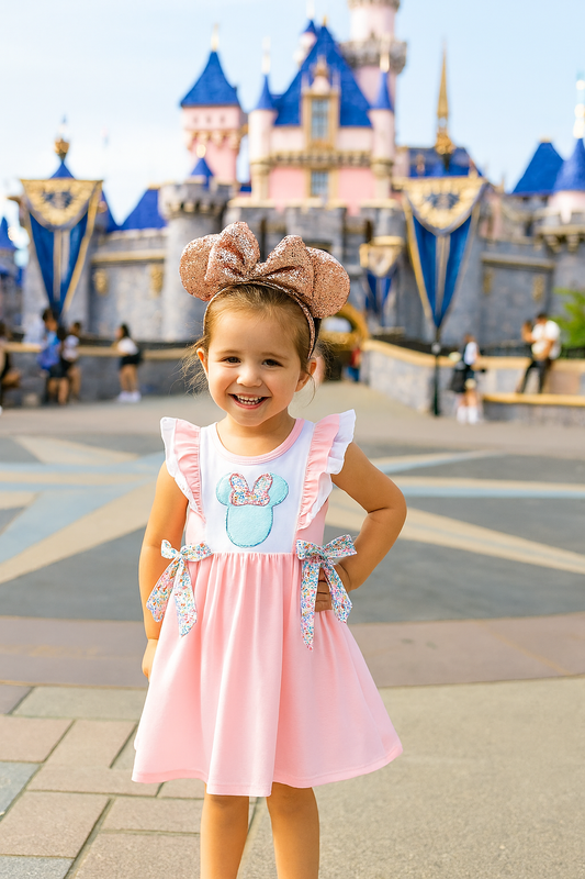 Pink Floral Character Applique Ruffle Dress