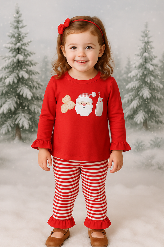 Red Santa Claus Biscuit Milk Applique Ruffle Stripe Pants Set