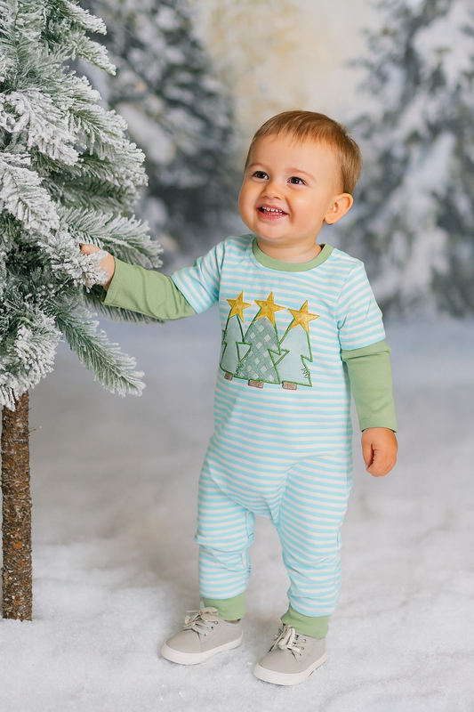Olive & Blue Striped Christmas Tree Romper