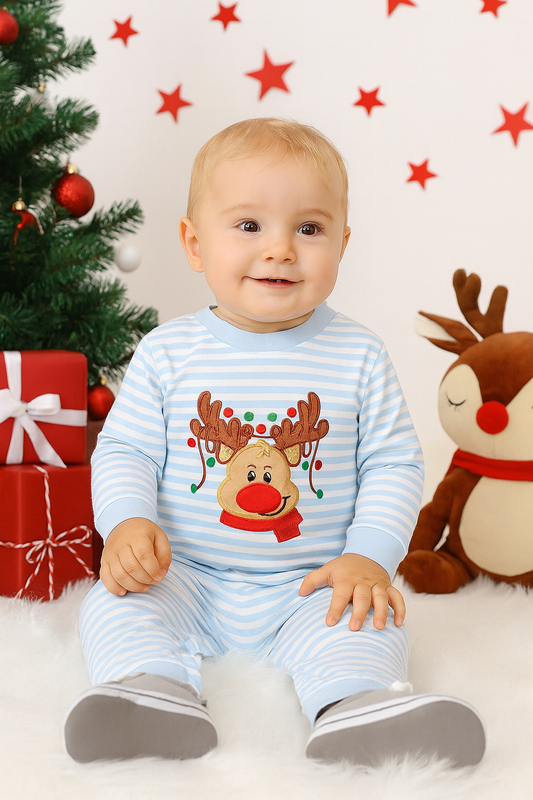 Blue Stripe Reindeer Applique Romper