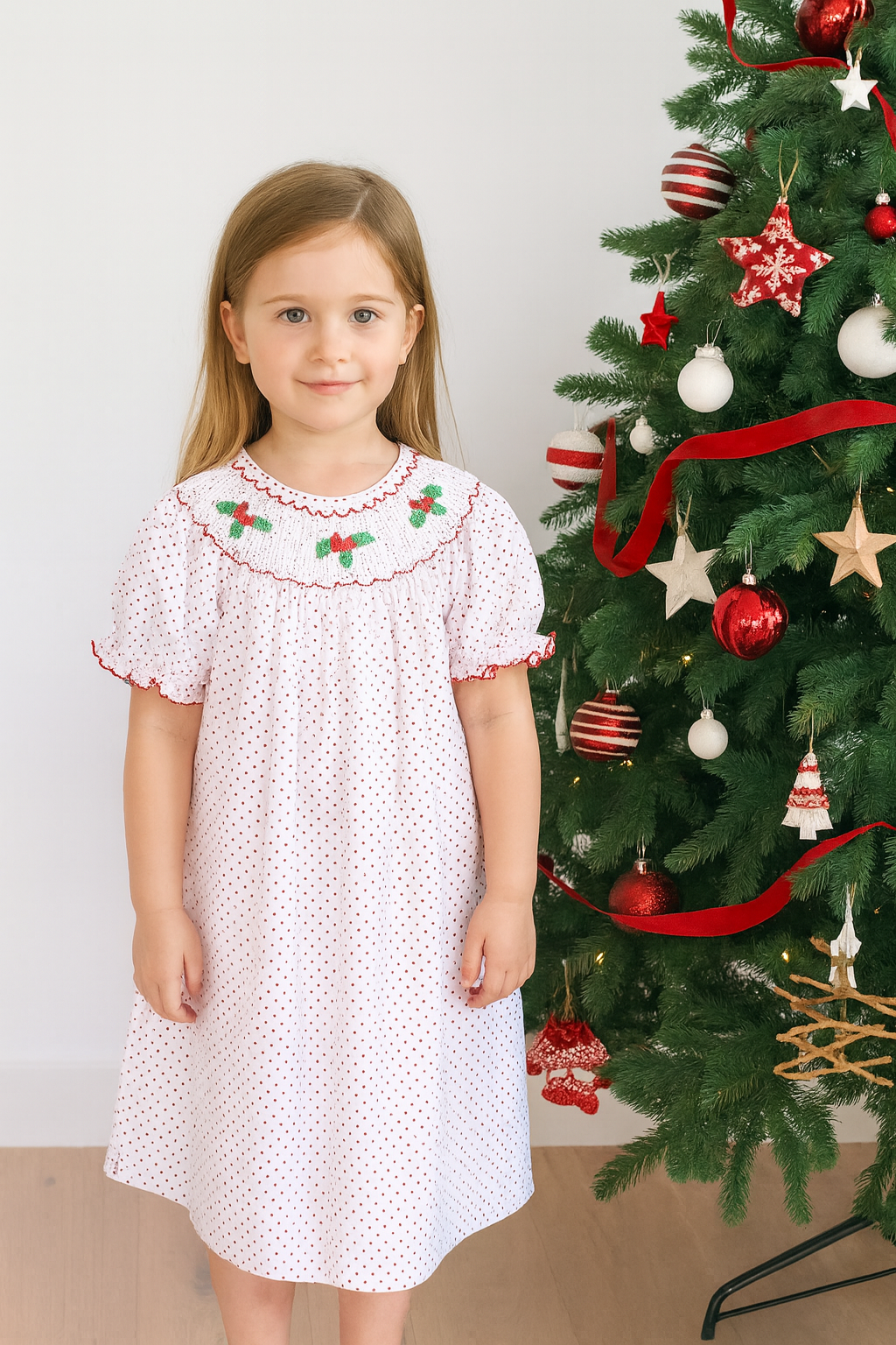 Pink Christmas Bishop Hand Smocked Dot Dress