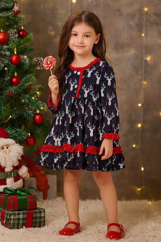 Navy Deer Print Ruffle Dress