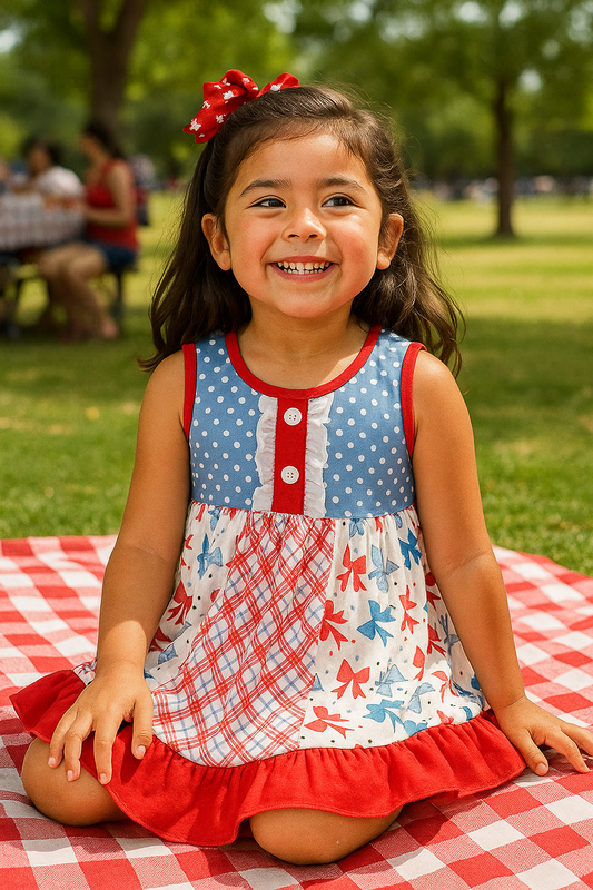Blue Bow Print Ruffle Dress