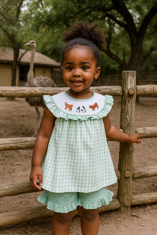 Green Cow Embroidery Smocked Gingham Ruffle Shorts Set