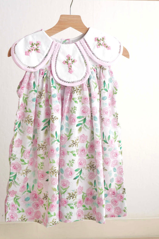 Pink Easter Cross Emrboidery Floral Girl Dress