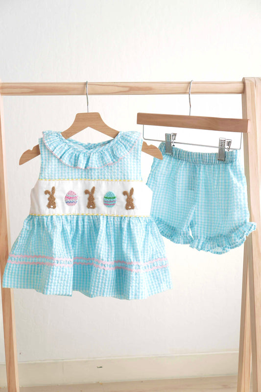 Blue Easter Bunny Egg French Knot Girl Gingham Seersucker Set