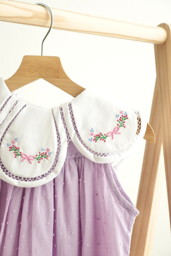 Lavender Floral Bow Embroidery Swiss Dot Girl Dress