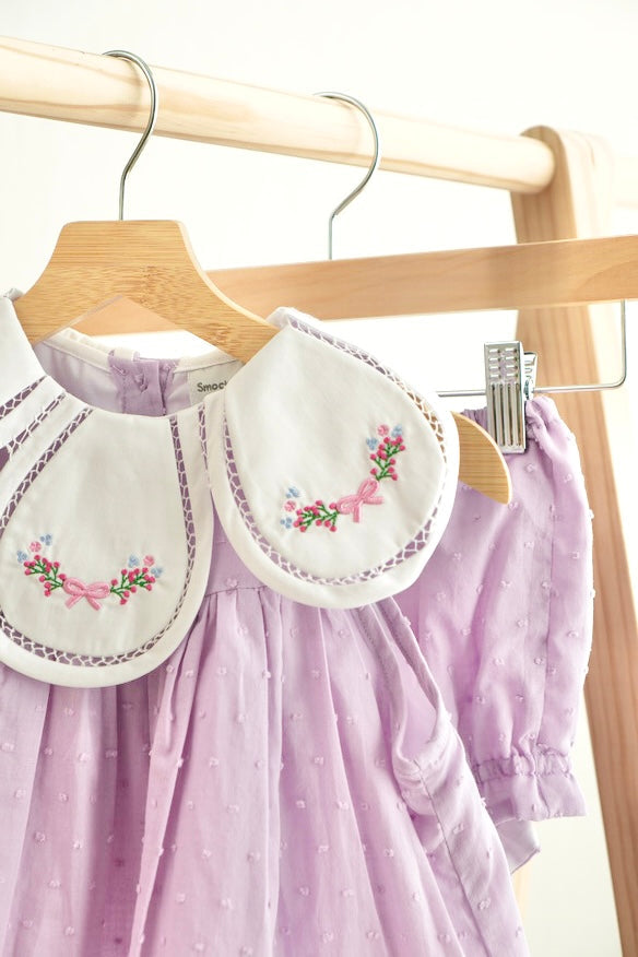 Lavender Floral Bow Embroidery Swiss Dot Girl Bloomer Set