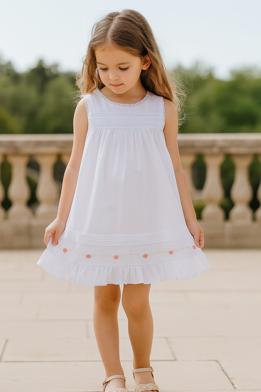 Premium White Floral Embroidery Ruffle Dress