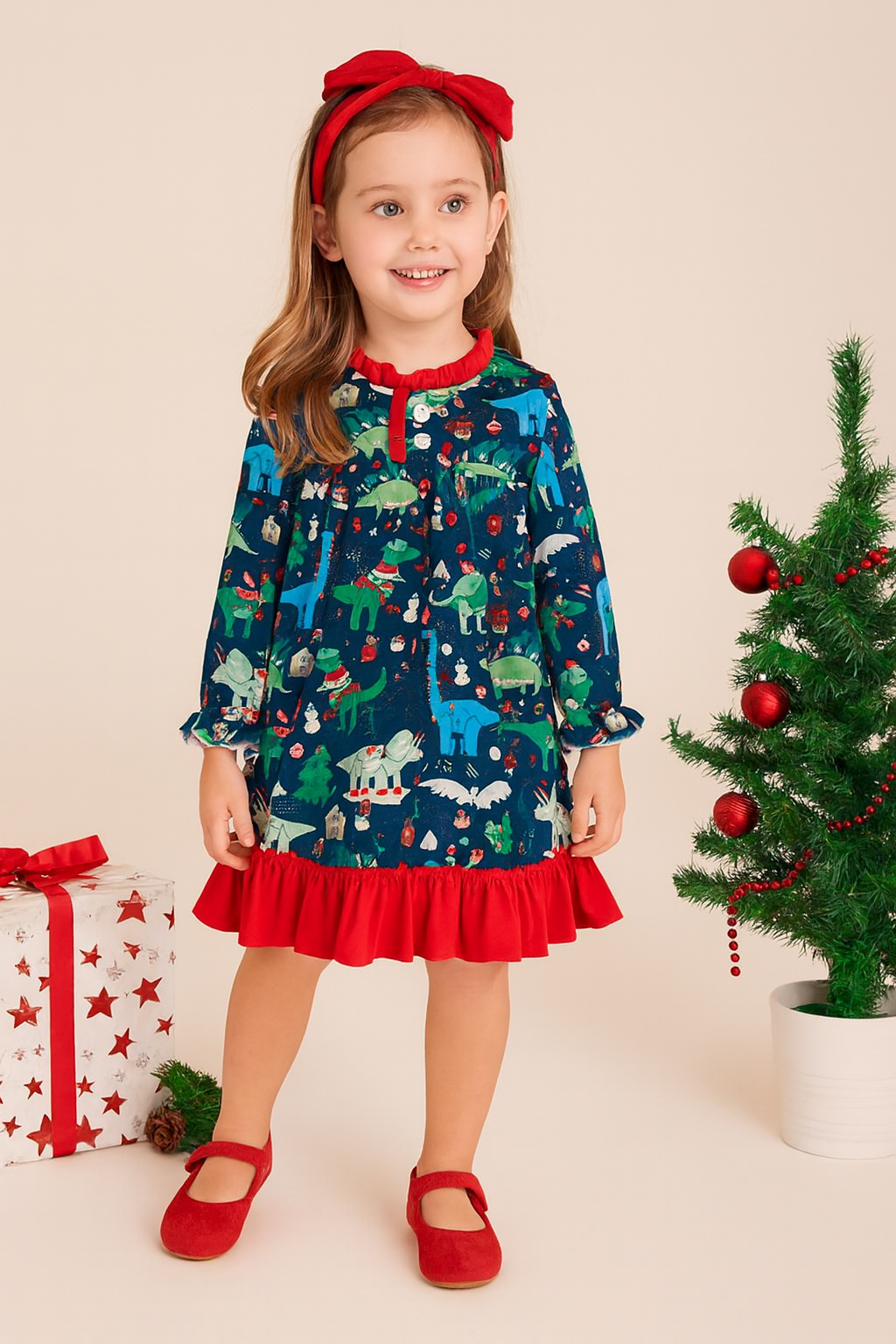 Green Dinosaur Print Ruffle Gown