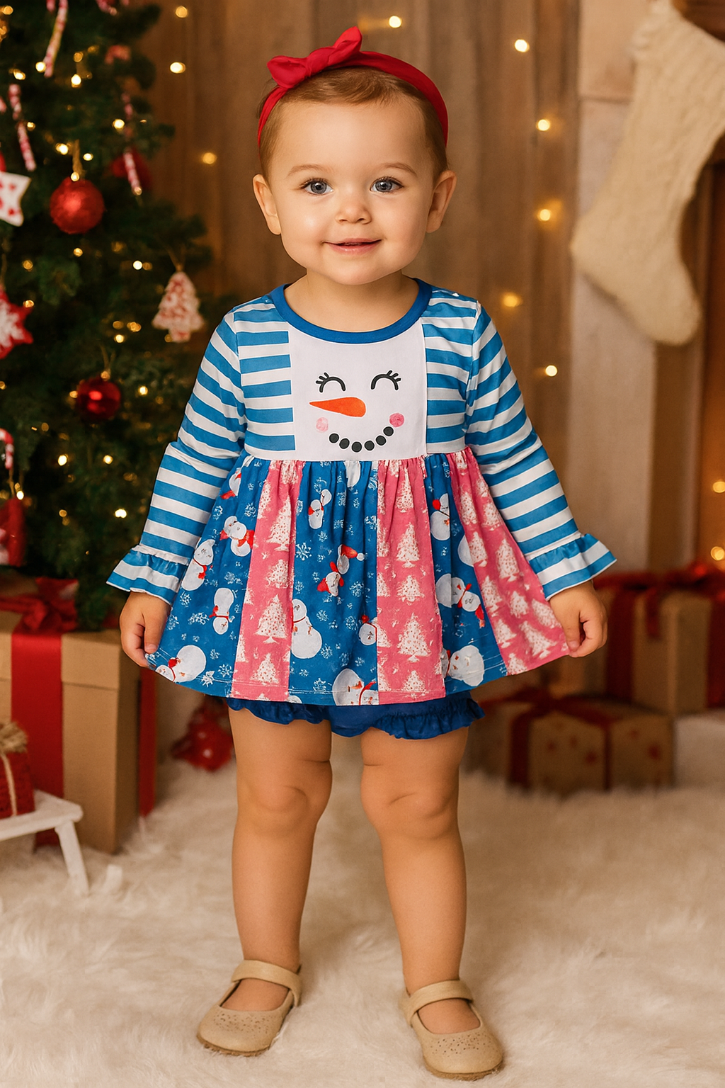 Blue Snowman Embroidery Ruffle Bubble