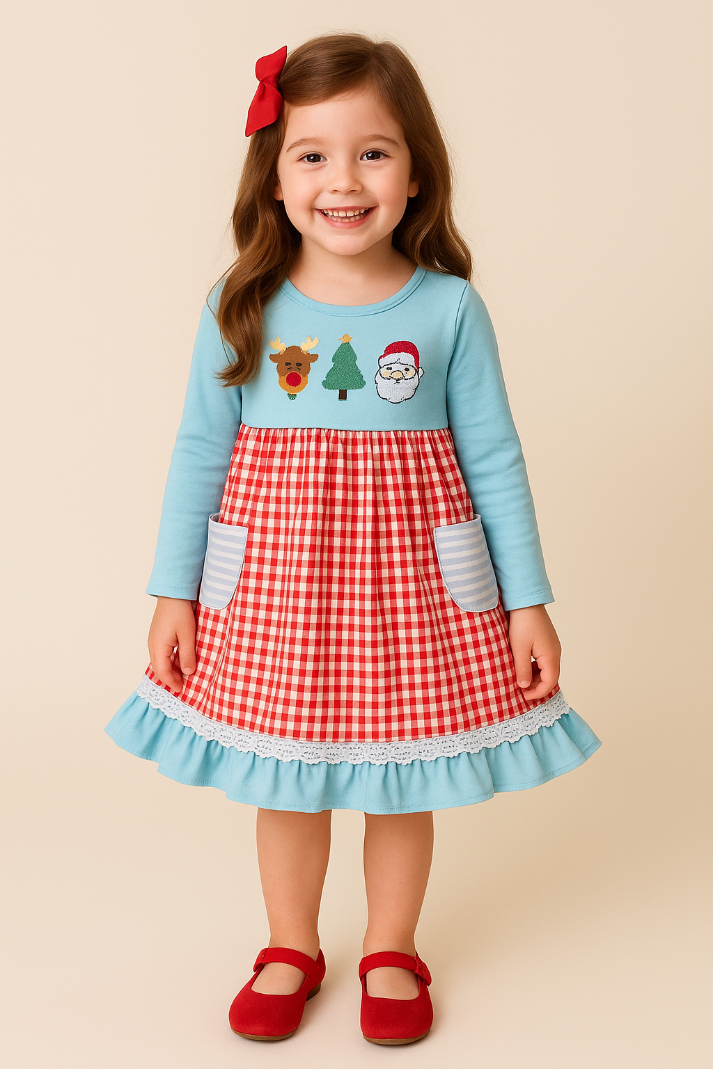 Blue Deer Tree Santa Embroidery Ruffle Dress