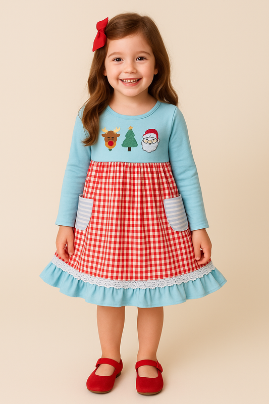 Blue Deer Tree Santa Embroidery Ruffle Dress
