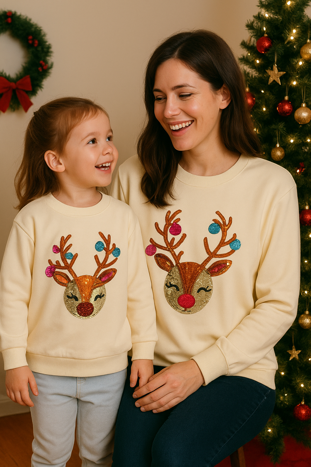 Beige Reindeer Sequin Mom&Me Sweatshirt